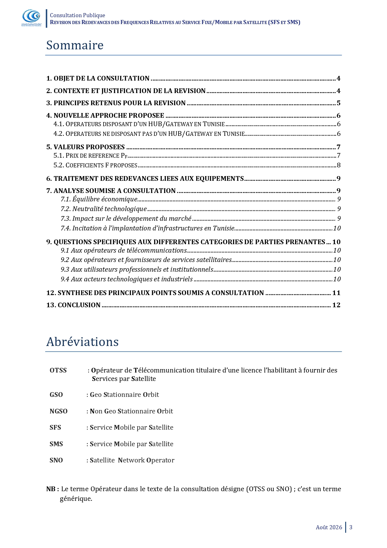 Consultation Publique Relative à la "Révision des Redevances de Fréquences Relatives au service Fixe/Mobile par Satellite (SFS et SMS)