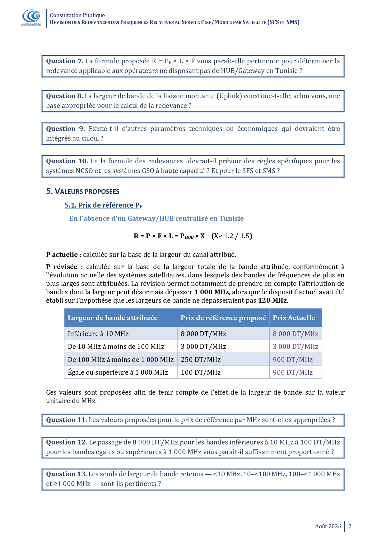 Consultation Publique Relative à la "Révision des Redevances de Fréquences Relatives au service Fixe/Mobile par Satellite (SFS et SMS)