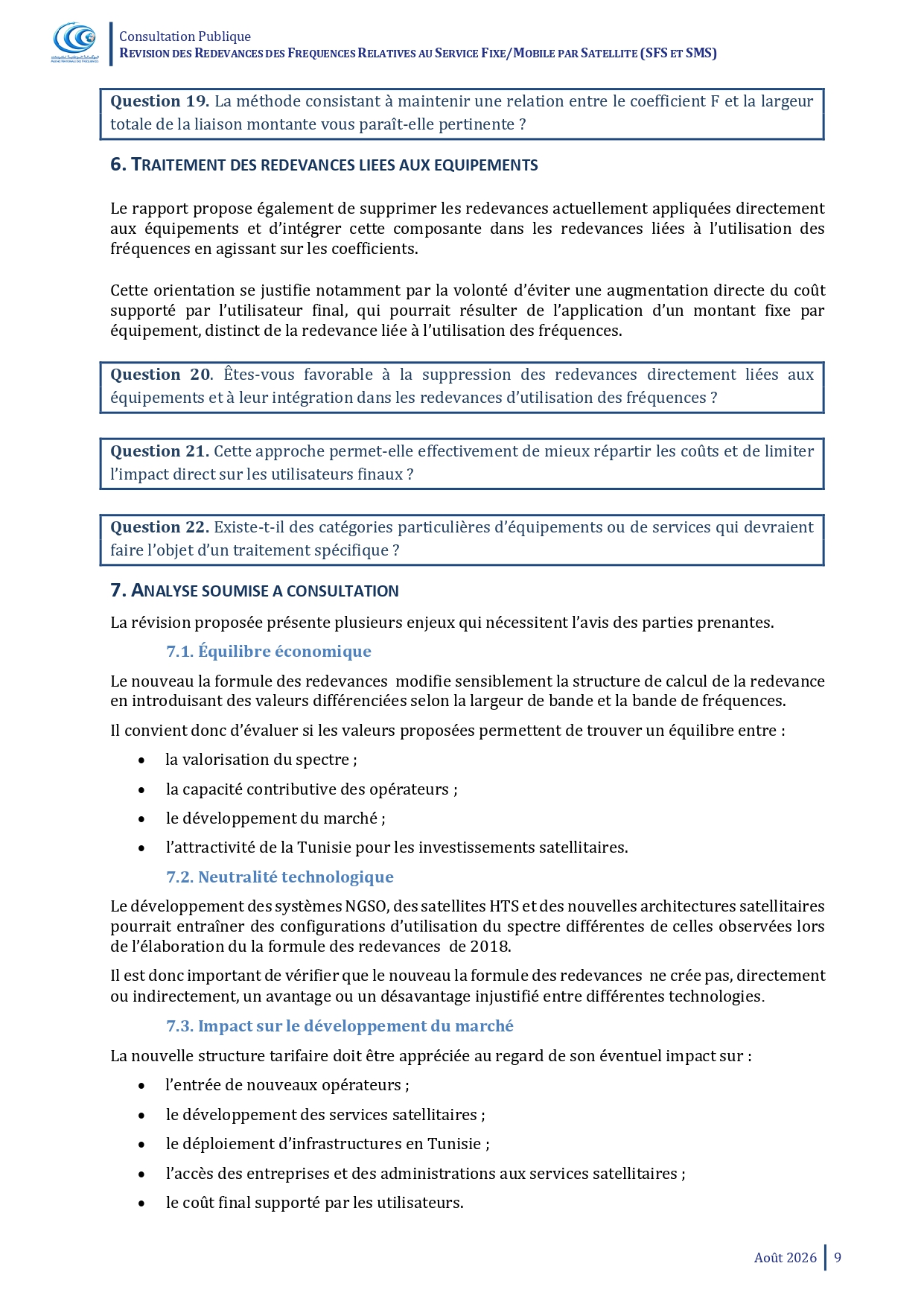 Consultation Publique Relative à la "Révision des Redevances de Fréquences Relatives au service Fixe/Mobile par Satellite (SFS et SMS)
