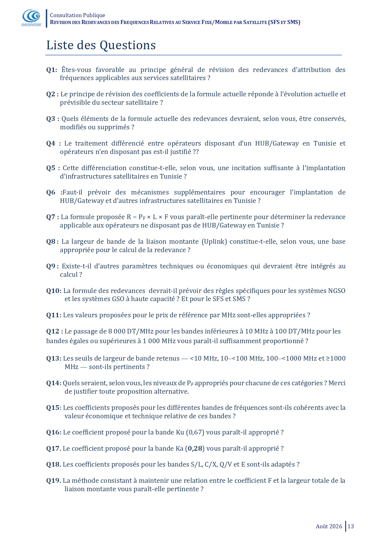 Consultation Publique Relative à la "Révision des Redevances de Fréquences Relatives au service Fixe/Mobile par Satellite (SFS et SMS)