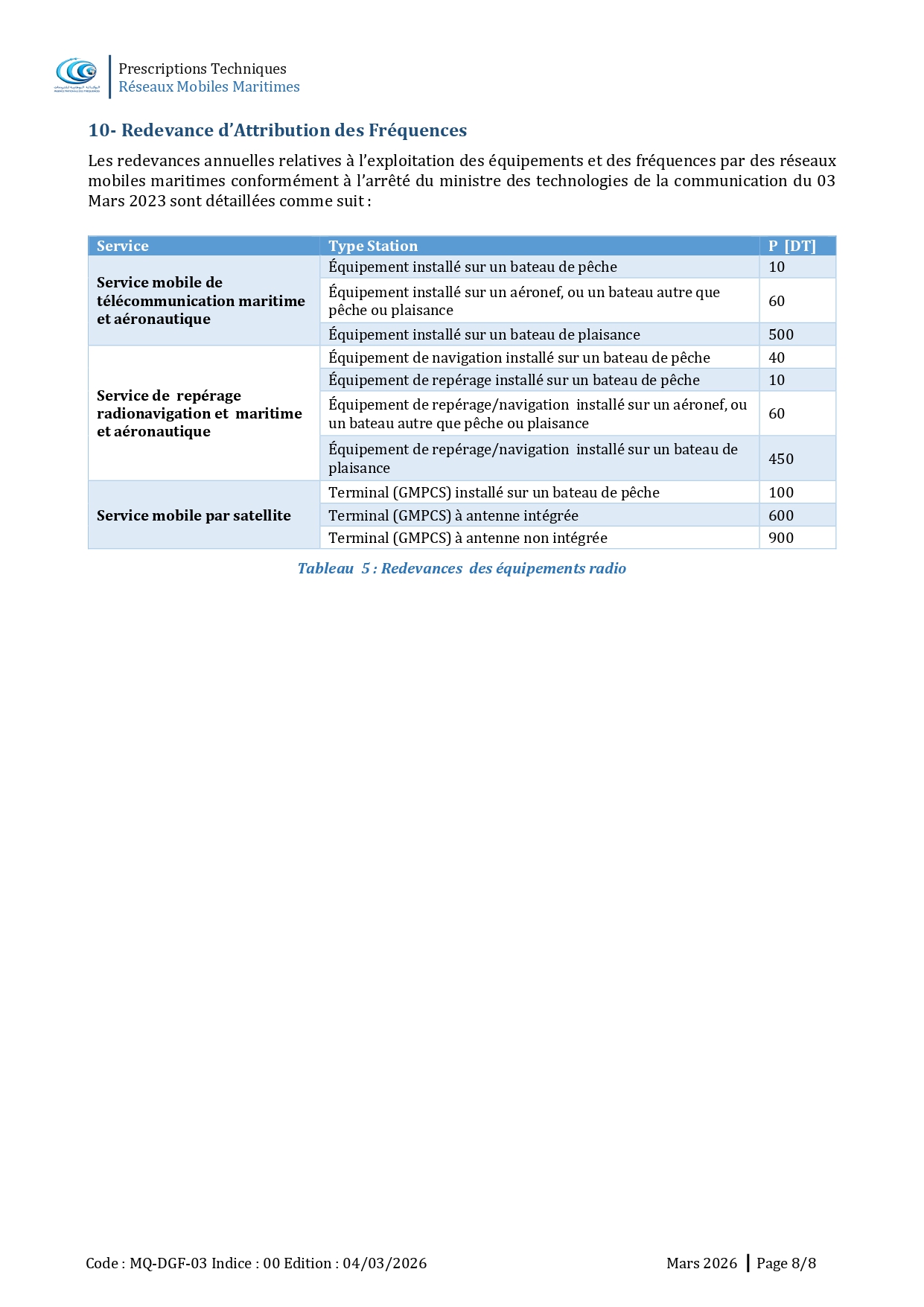 Prescriptions Techniques des réseaux mobiles maritimes