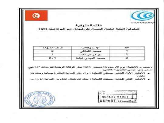 القائمة النهائية للمقبولين لاجتياز امتحان الحصول على شهادة رادبو الهواة لسنة 2023